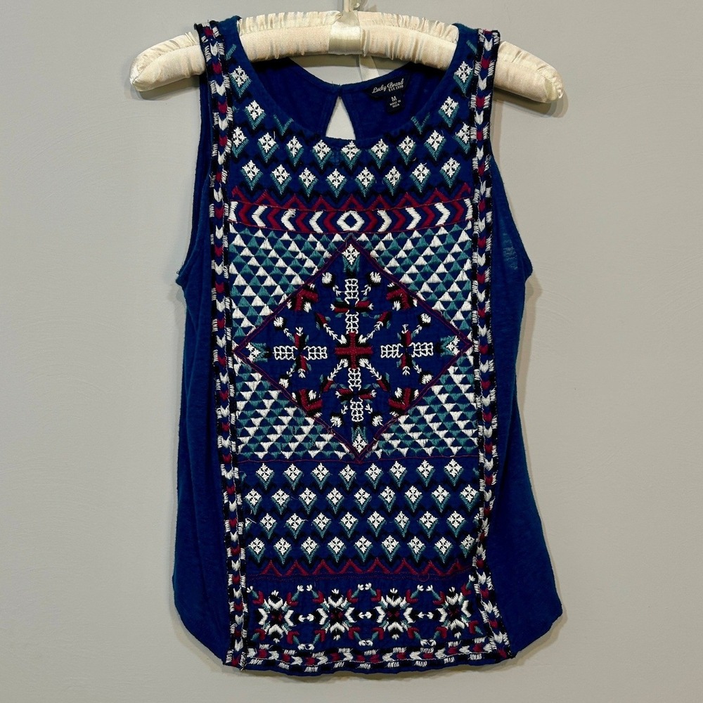 Lucky Brand Tank Top Womens Medium Blue Excellent Embroidered Linen Blend Boho